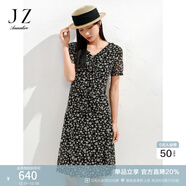玖姿·安娜蔻氣質(zhì)輕熟風(fēng)系帶V領(lǐng)碎花裙修身連衣裙女裙夏裝中長(cháng)款法式短袖裙子 花黑 M