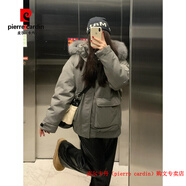 皮爾卡丹（pierre cardin）粉色工裝派克羽絨服女冬季2025韓版大毛領(lǐng)白鴨絨連帽外套冬 酷酷灰 M 120-140斤