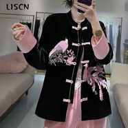 LISCN高端鳳凰刺繡新中式外套女唐裝上衣秋款國風(fēng)黑色繡花拼色絲絨外衣 黑色 S  【85-100斤】