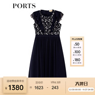 PORTS寶姿女裝夏新品拼接蕾絲雪紡荷葉邊連衣裙ALM8D100GWS001 丈青 XS (2)