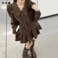 月半晴（YUEBANQING）辣妹美拉德穿搭復古長(cháng)袖牛仔連衣裙女秋季收腰顯瘦百褶裙A字短裙 圖片色 S