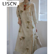 LISCN原創(chuàng  )新中式斜襟苧麻旗袍長(cháng)裙夏季復古文藝盤(pán)扣棉麻連衣裙禪意茶服 花色 XL