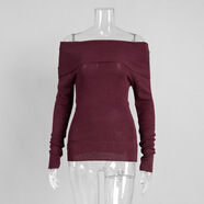無(wú)露肩針織衫歐美2025春季女性感修身純色套頭一字領(lǐng)長(cháng)袖針織衫 酒紅色 L
