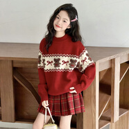 丹鳥(niǎo)王女童毛衣新款冬季中大童加厚針織衫紅色兒童2026本命年衣服內搭潮 不加絨小熊毛衣 160 碼