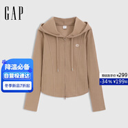 蓋璞女裝2025春季新款logo彈力羅紋拉鏈連帽長(cháng)袖T恤常規上衣729465