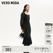 VEROMODA連衣裙秋季女裝新款天鵝絨拼接網(wǎng)紗魚(yú)尾長(cháng)裙鉆石領(lǐng)東方簡(jiǎn)奢風(fēng) 紗袖絲絨裙-黑色 L