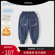 JELLYBABY女童加絨牛仔褲小童冬季加厚蝶結束腳褲兒童時(shí)髦抗菌冬裝寶寶長(cháng)褲 牛仔藍 100cm