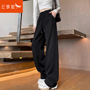 紅蜻蜓休閑褲女加絨闊腿2025年新款冬季高腰直筒衛褲香蕉女士運動(dòng)褲子女 黑色 九分 M 【推薦101-115斤】