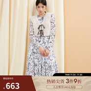 SNIDEL秋冬甜美淑女荷葉邊收腰百褶印花連衣裙SWFO244316 淺灰色 S （0）