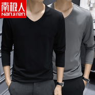 南極人（Nanjiren）男士長(cháng)袖T恤潮流男裝V領(lǐng)體桖秋衣打底衫秋季內搭純色上衣服T內衣 V領(lǐng)【黑色+深灰】 4XL 【170-180斤內】