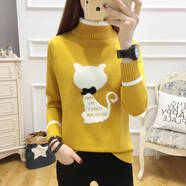 女生毛衣加厚加絨初中生女冬裝可愛(ài)貓咪毛衣打底衫加絨加厚保暖洋 黃色（常規款） XL 115-125斤