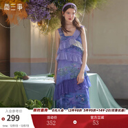 兩三事度假超仙的裙子女夏季紫色油畫(huà)藝術(shù)吊帶海邊連衣裙云霧睡蓮 紫色 M
