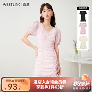 西遇V領(lǐng)泡泡袖連衣裙女2025年早夏新款法式褶皺收腰修身包臀裙子 粉色 XL