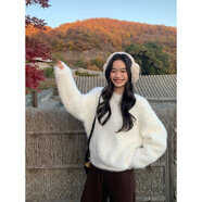 pusumede柔光漫溢 仿貂毛軟糯毛衣女慵懶寬松套頭針織衫毛毛上衣 白色 S