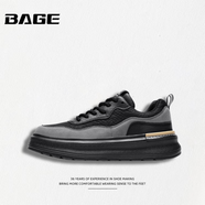 八哥BAGE品牌男鞋2025新款男士戶(hù)外跑步休閑潮鞋皮面厚底防滑運動(dòng)板鞋 黑色 40