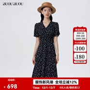 BUOUBUOUBUOUBUOu 2025秋季法式顯瘦X型不規則波爾卡圓點(diǎn)高腰印花連衣裙女 黑色B88 S