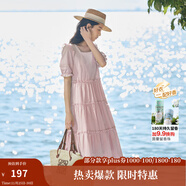 茵曼（INMAN）七七同款連衣裙2025夏女裝新款田園純棉提花方領(lǐng)A字泡泡袖蛋糕裙 皮粉色 M