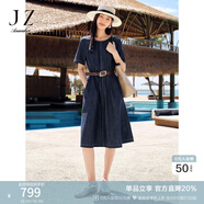 玖姿·安娜蔻【明星同款】慵懶松弛感萊賽爾亞麻牛仔收腰連衣裙女2025夏季新款 丈青-第二批 2XL