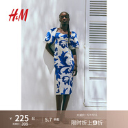 H&M女士花卉連衣裙秋季氣質(zhì)修身歐根紗五分袖燈籠袖連身裙1238363 白色/藍色圖案 170/116 XL