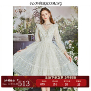 flowerscoming花兒開(kāi)了2024春季新款法式V領(lǐng)網(wǎng)紗波點(diǎn)連衣裙女修身中長(cháng)款公主裙 杏金色 M