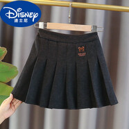 迪士尼（Disney）女童百褶裙半身裙秋冬呢子2024春秋新款洋氣格子中大童兒童短 黑色小熊呢子厚短裙 160cm