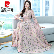 皮爾卡丹（pierre cardin）碎花連衣裙2025年春秋新款女裝氣質(zhì)仙女春秋長(cháng)*袖雪紡超仙長(cháng)款裙 2070淡粉色 M (95-105斤)