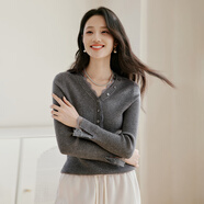 香影v領(lǐng)毛衣打底衫女2025秋冬新款含綿羊毛蕾絲拼接白色針織上衣 中灰 S 155/80A/85-95斤