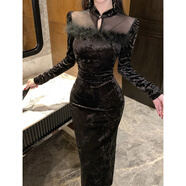 以歐（YIOU）M新中式國風(fēng)拼毛毛改良旗袍溫柔風(fēng)氣質(zhì)優(yōu)雅高腰顯瘦連衣裙9383 黑色 M