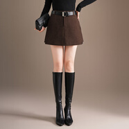毛呢半身裙短裙小A字短裙褲女2025冬季新款韓版高腰顯瘦時(shí)尚百搭 棕色 2XL