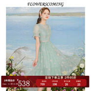 flowerscoming花兒開(kāi)了2024夏季新款法式復古網(wǎng)紗刺繡連衣裙女高腰中長(cháng)款公主裙 綠色 L