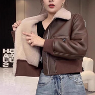CEENIU咖色皮衣外套女加絨厚短款秋冬新羊羔毛皮毛一體PU皮夾克免洗 咖啡色 M 【衣服偏小】