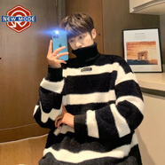 NEW OR MODE高領(lǐng)毛衣男秋冬季新款加絨加厚條紋針織衫寬松慵懶保暖高級感外套 黑色 XL