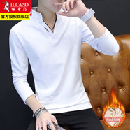 啄木鳥(niǎo)長(cháng)袖T恤男士裝春秋季款衛衣純色修身V領(lǐng)潮流內搭衣服打底衫 T02白色加絨 2XL
