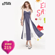 妖精的口袋蕾絲拼接格子吊帶連衣裙女2025年春夏新款氣質(zhì)度假裙子 俏皮深藍色 M