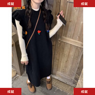 大碼無(wú)袖毛衣連衣裙女春夏木耳邊圓領(lǐng)花朵寬松長(cháng)款針織背心馬甲裙 黑色 M 建議95-110斤