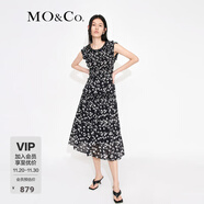 MO&Co.荷葉邊花邊打攬收腰碎花無(wú)袖園藝風(fēng)連衣裙氣質(zhì)露背裙子摩安珂 黑底彩花色-第2批 XS 155