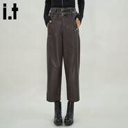 GROUND ZEROit潮牌女裝2025秋冬黑色復古機車(chē)風(fēng)皮褲高腰顯瘦寬松直筒九分褲 咖啡色 XL 125-145斤/170-185cm