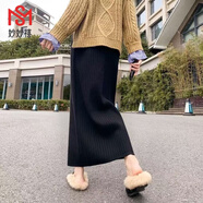 妙妙禧秋冬款針織半身裙不開(kāi)叉新款高腰長(cháng)款時(shí)尚氣質(zhì)毛線(xiàn)直筒包臀裙子女 黑色(裙長(cháng)90cm) M 90-105斤