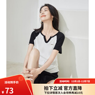 歐莎（OSA）秋新款美式插肩短袖T恤女拼接撞色v領(lǐng)顯瘦復古內搭上衣 黑色 S