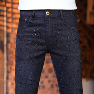 牧植男褲男褲歐貨高檔褲子燙印牛仔褲男士新款男款彈力修身休閑小腳褲 黑色 6860 28