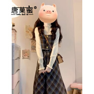 唐菓蜜新款連衣裙女2025春秋女裝韓系甜美學(xué)院風(fēng)背心裙復古減齡套裝裙子 米白上衣+格子裙 M