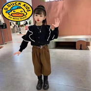 G.duck女童毛衣兒童時(shí)尚保暖外套女孩百搭小香風(fēng)針織開(kāi)衫學(xué)生秋冬季上衣 黑色毛衣 +咖色哈倫褲(腰帶) 110