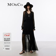 MO&Co.連衣裙順紆縐雪紡花邊領(lǐng)輕薄黑色長(cháng)裙附襯裙法式浪漫摩安珂 黑色 XS 155