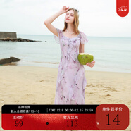 三彩2025夏季新款木耳邊荷葉袖蝴蝶印花雪紡連衣裙大擺長(cháng)裙M 淡紫色花卉 L 165/88A
