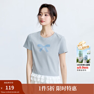 茵曼（INMAN）蕾絲拼接短袖T恤女2025夏季蝴蝶結印花百搭舒適顯瘦休閑上衣 灰藍色 S
