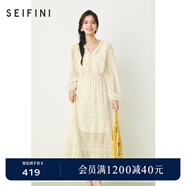 詩(shī)凡黎（'SEIFINI）荷葉邊碎花長(cháng)袖雪紡衫2024春新款上衣流行漂亮長(cháng)款連衣裙女 米白連衣裙 S 155/80A