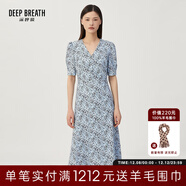 深呼吸DEEP BREATH女裝V領(lǐng)中長(cháng)高腰泡泡袖收腰碎花連衣裙A500197 藍-花 S (2碼)