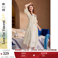 兩三事度假風(fēng)法式連衣裙女茶歇24夏季復古刺繡方領(lǐng)短袖裙子嗜好冷鳶 米杏色預售 M