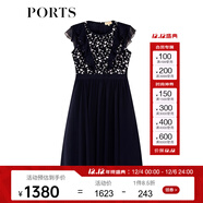 PORTS寶姿女裝夏新品拼接蕾絲雪紡荷葉邊連衣裙ALM8D100GWS001 丈青 XS (2)