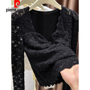 皮爾卡丹（pierre cardin）歐貨加絨蕾絲打底衫女長(cháng)袖秋冬韓國女裝磨毛內搭小衫波浪v領(lǐng)上衣 黑色 XL